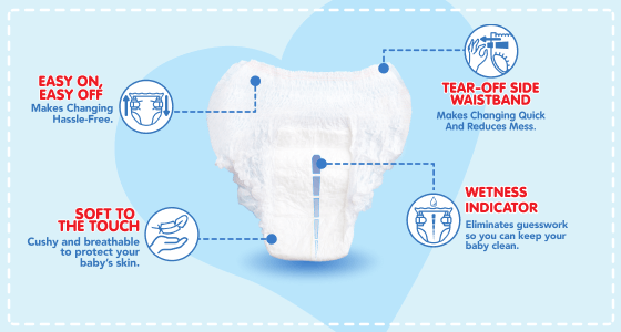 Lovies diaper design highlights easy-on easy-off fit, tear-off side waistband, soft breathable material, and wetness indicator — available at Checkers Africa.