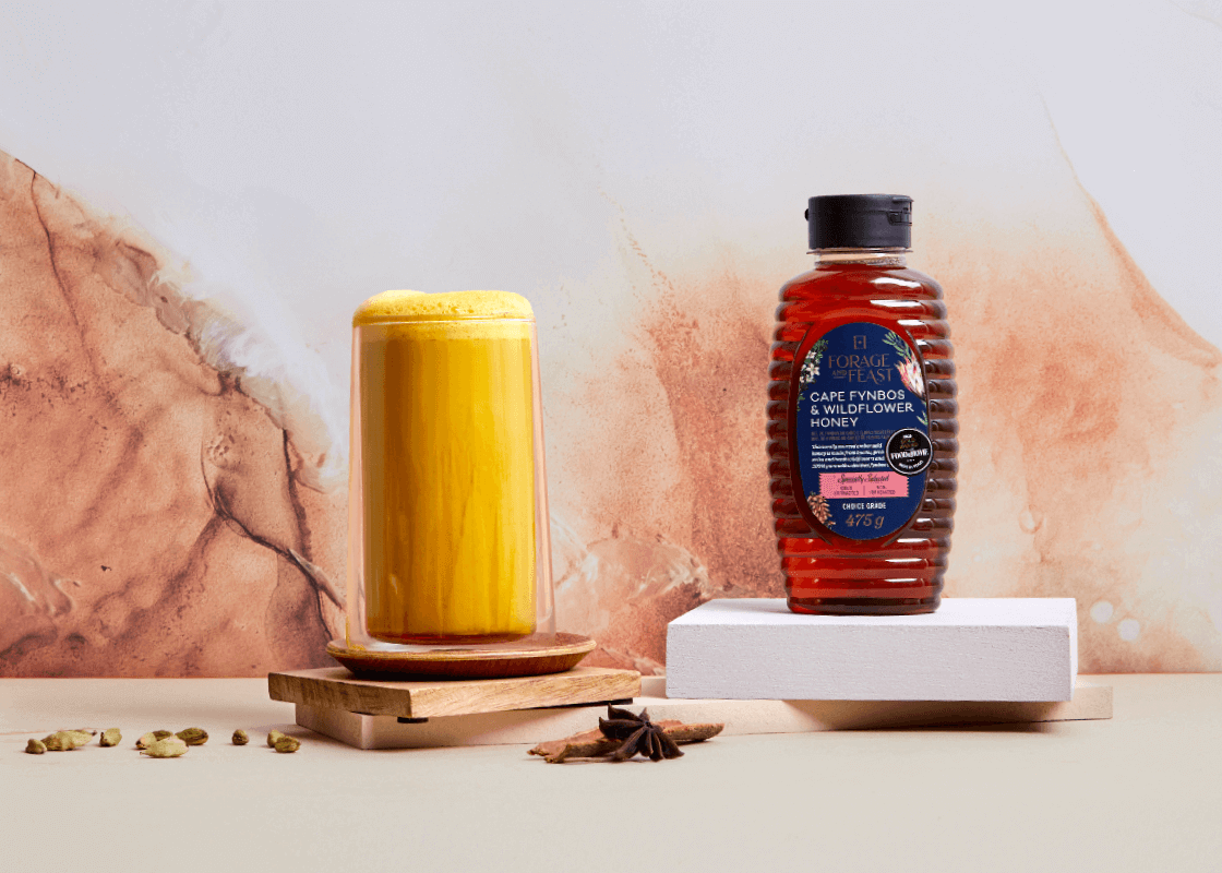 A delicious Golden Latte recipe by Checkers Namibia, made with ButtaNutt, honey, turmeric, cinnamon and ginger.